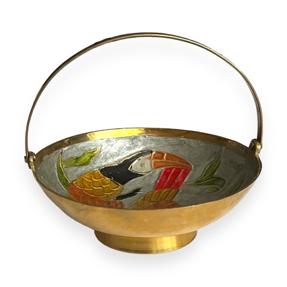 Cloisonné Enamel Exotic Bird Design‎ Red Orange Yellow Green Brass Bowl W/Handle